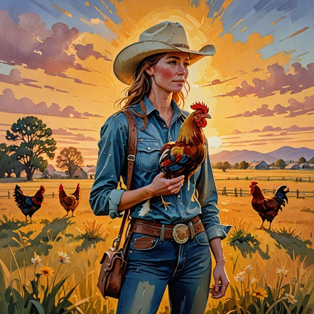 Cowgirl in a Field, Farewell to Friends in Vibrant Impressio...