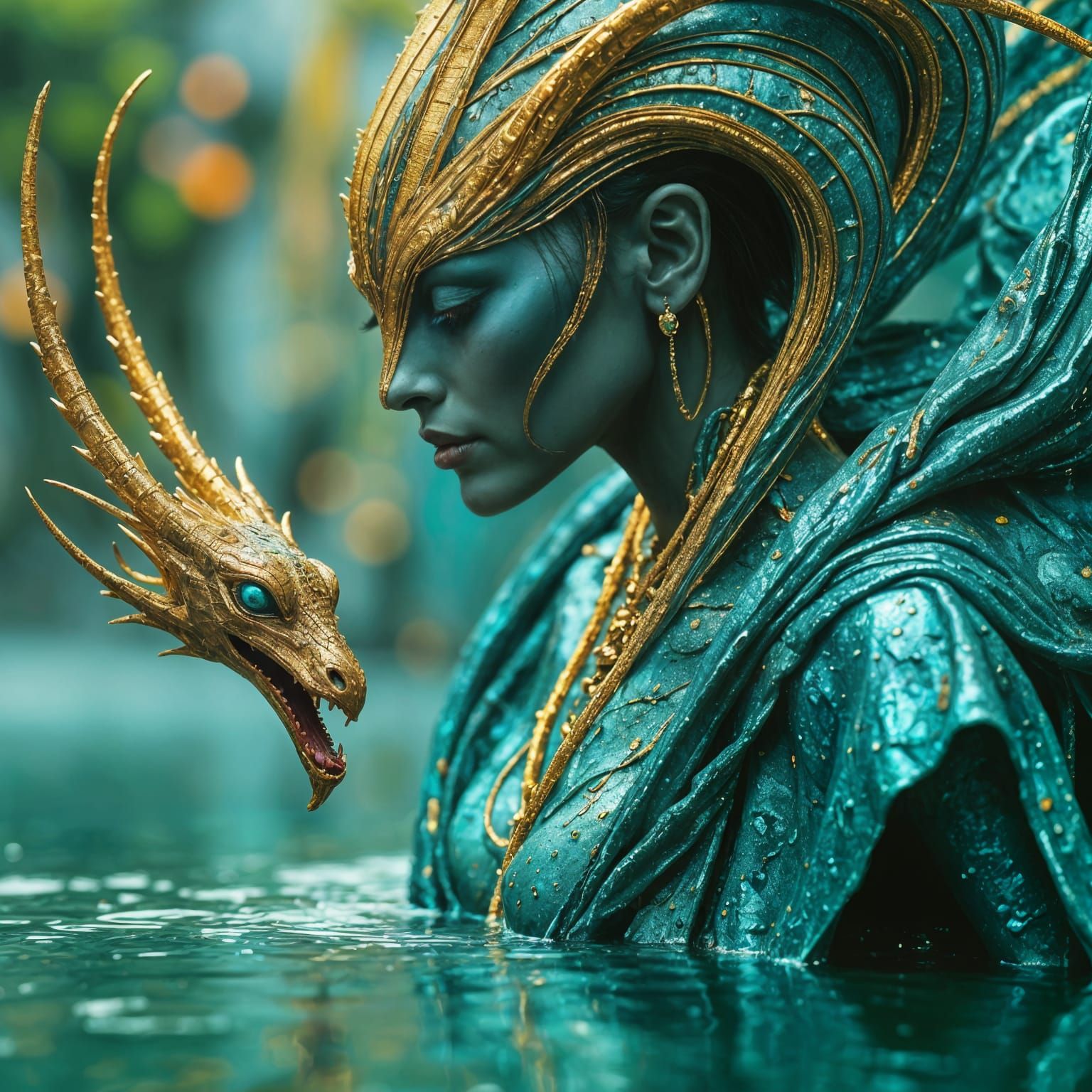 Emerald Alien Reaching for Mechanical Dragon: Dark Oil Paint...