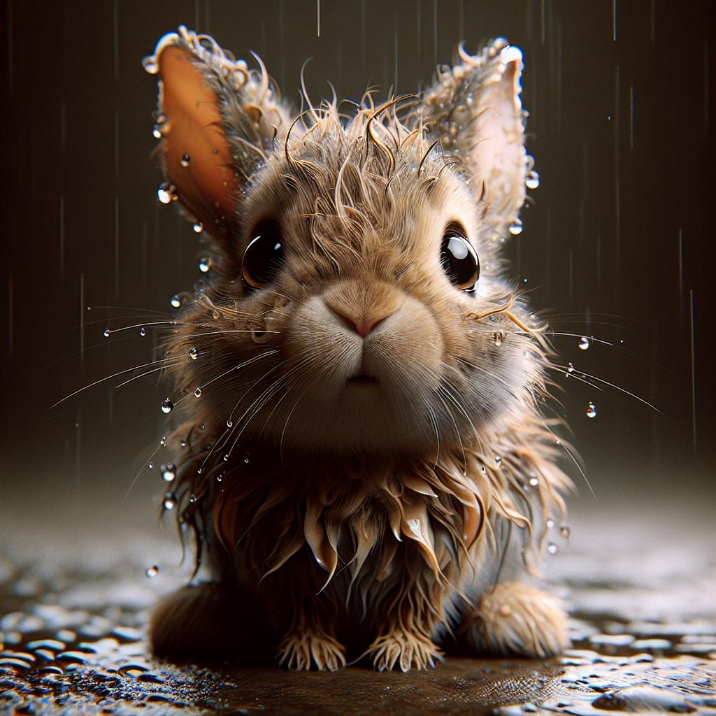 Adorable Bunny with Rain-Kissed Eyes: Digital Illustration