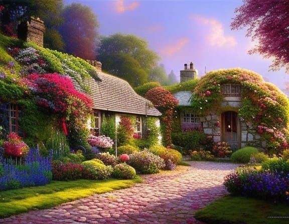 Victorian Cottage in Flower Garden, Fantasy Matte Painting