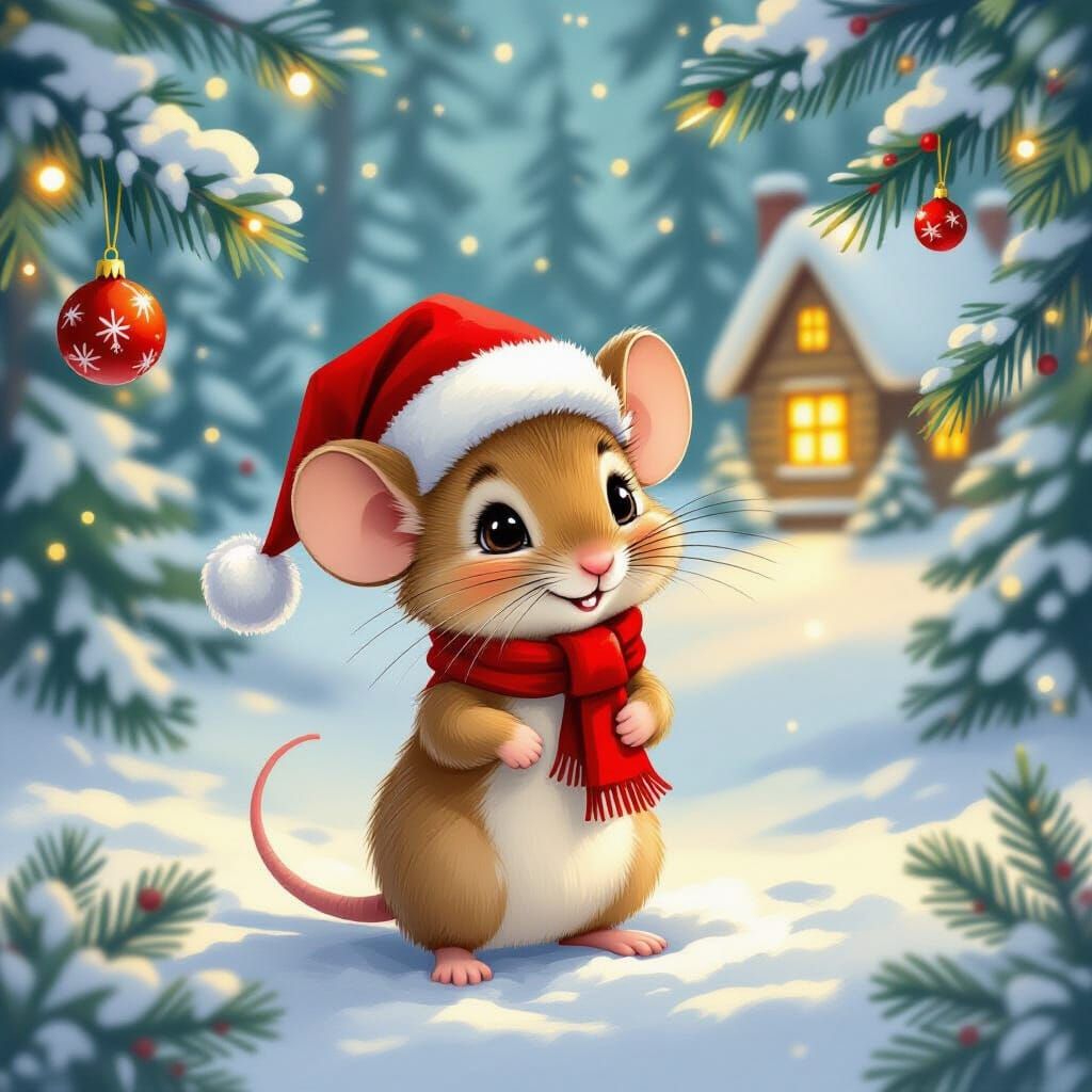 Cute Mouse in Festive Christmas Forest