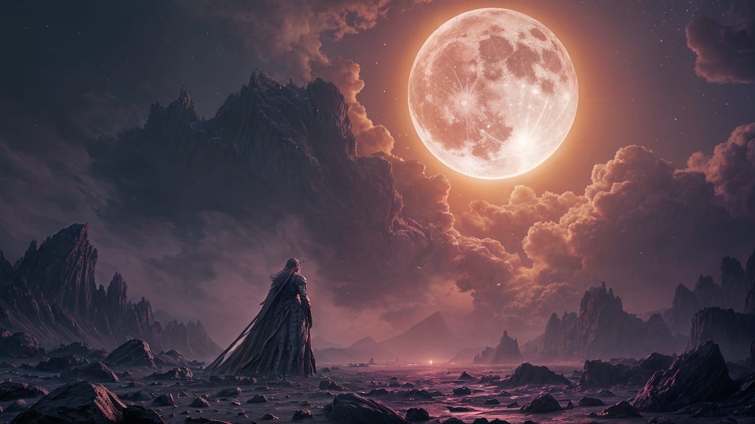 Cyberpunk Moon Crash in Deep Fantasy Landscape