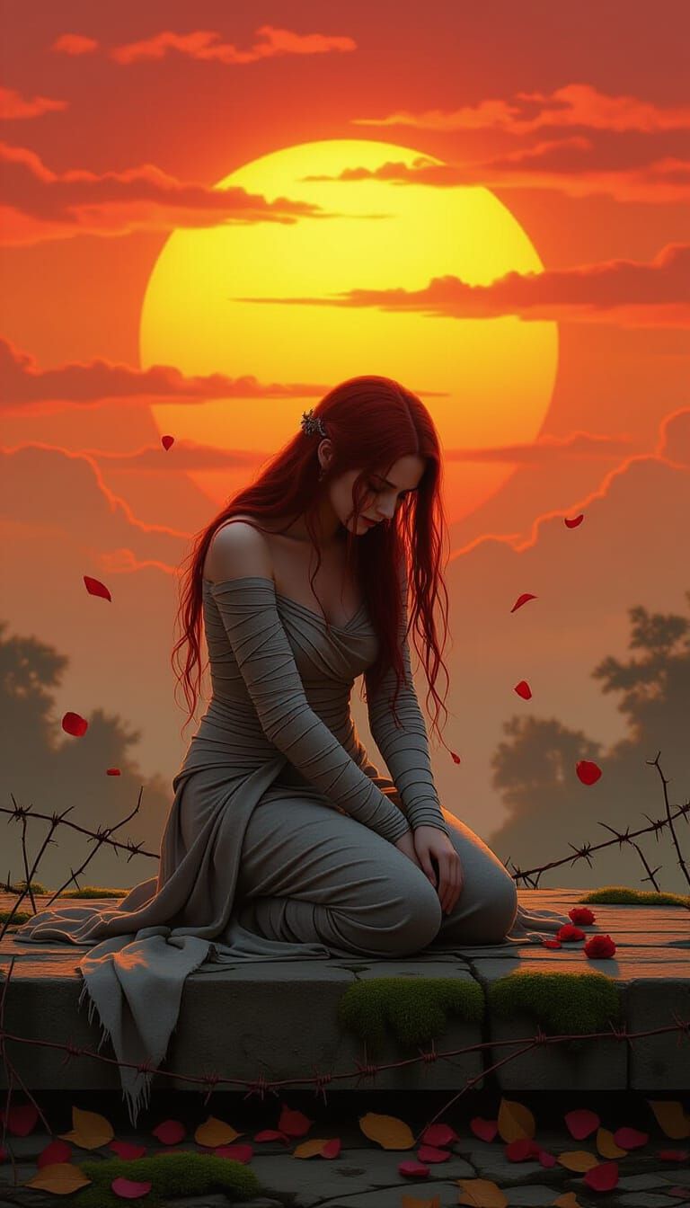 Ethereal Woman in Sunrise Halo, Oil Painting Style