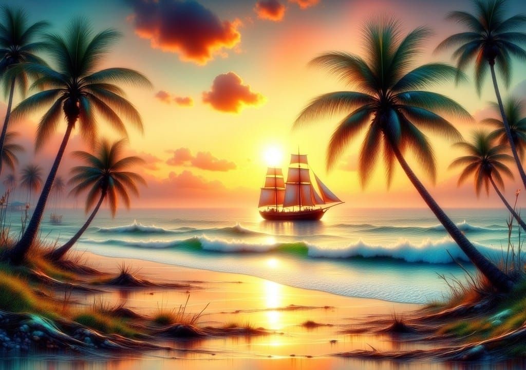 <lora:Flux Oil and Glory:9.0>
sunset, Caribbeanbeach in the foreground, foggy misty sea view and sailing ship in the dis...