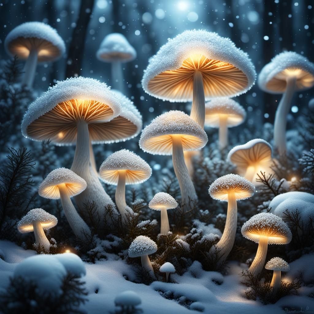 Glowing Snowflake Mushrooms in Glass