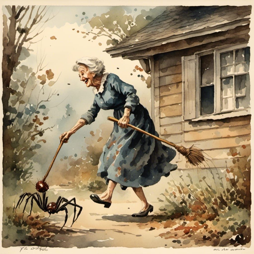 Antique Watercolor: Elderly Woman Versus Spider
