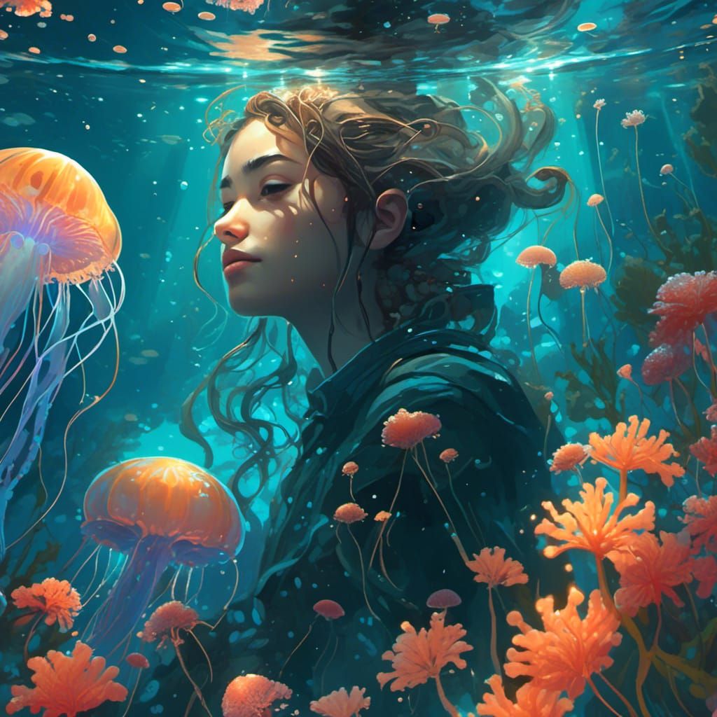 Bioluminescent Underwater Flower Field with Jellyfish