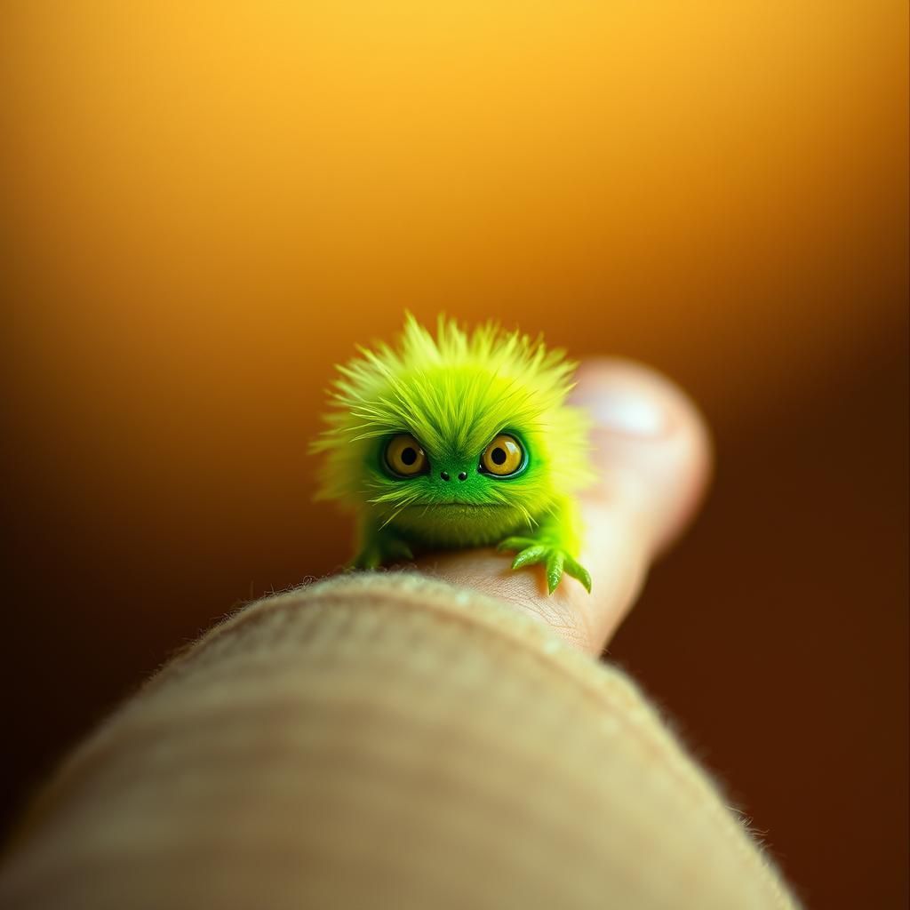 Tiny Green Monster in Human Hand: Cinematic Still