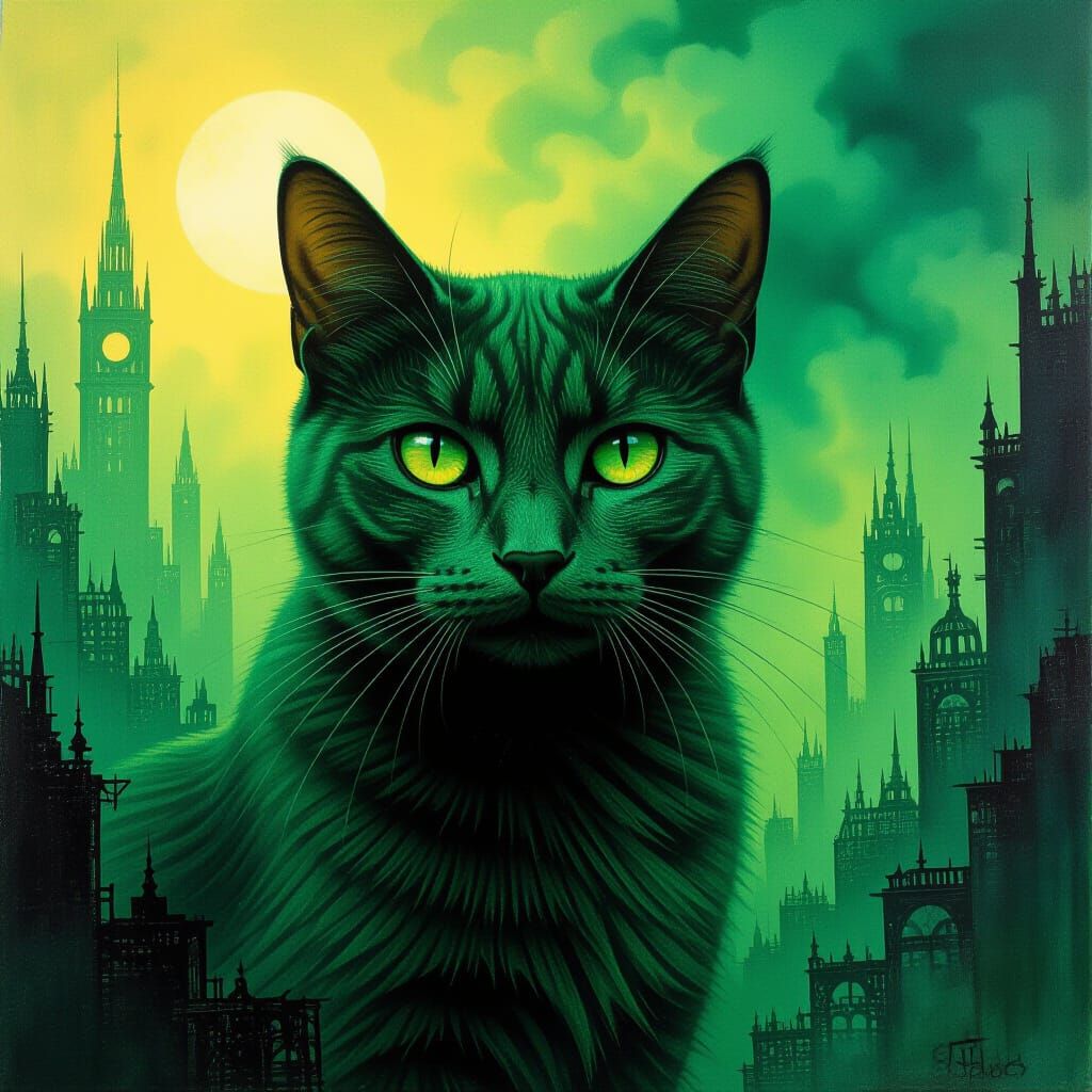 Green Cat in Dystopian Landscape