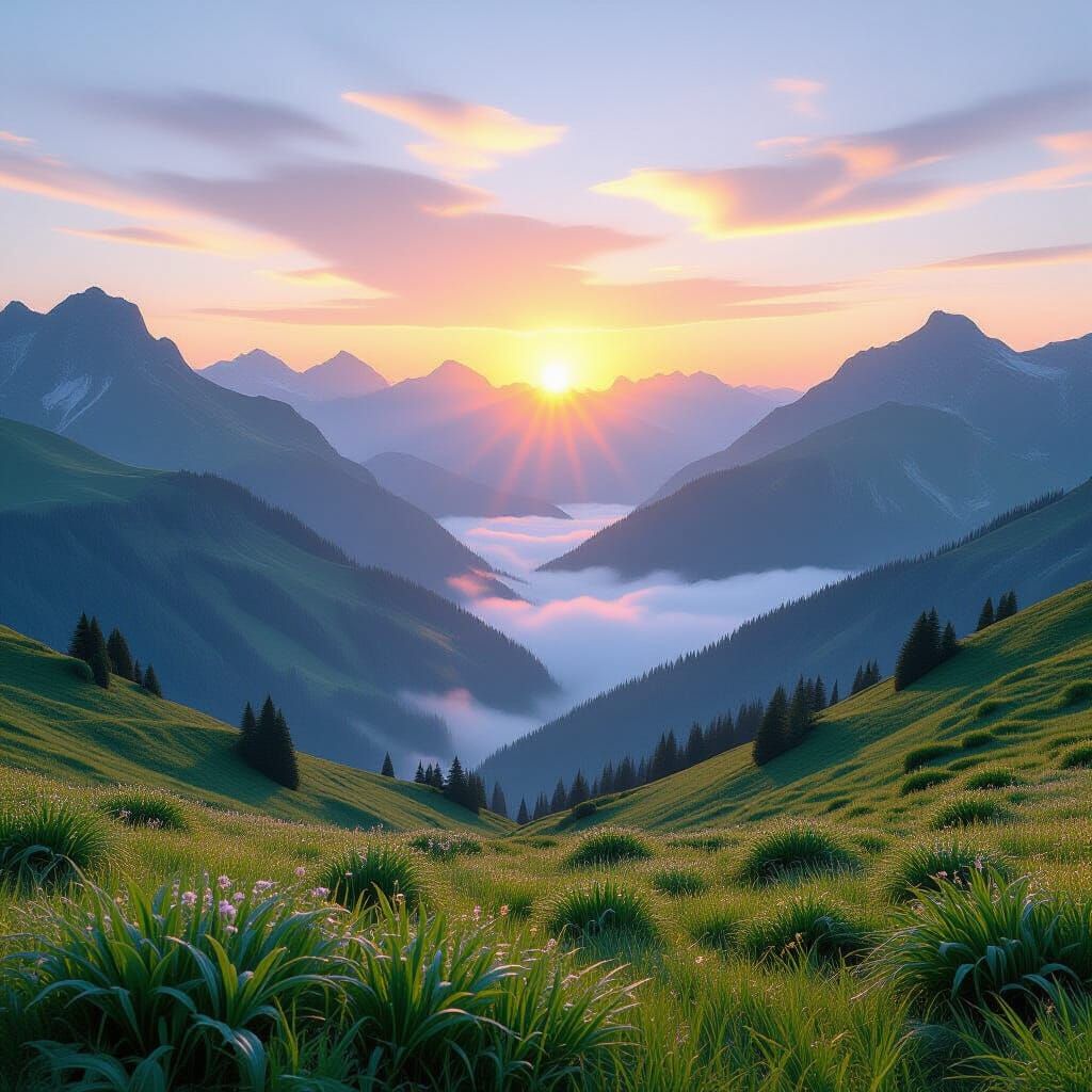Emerald Mountains Sunrise Vista in Photorealistic Style