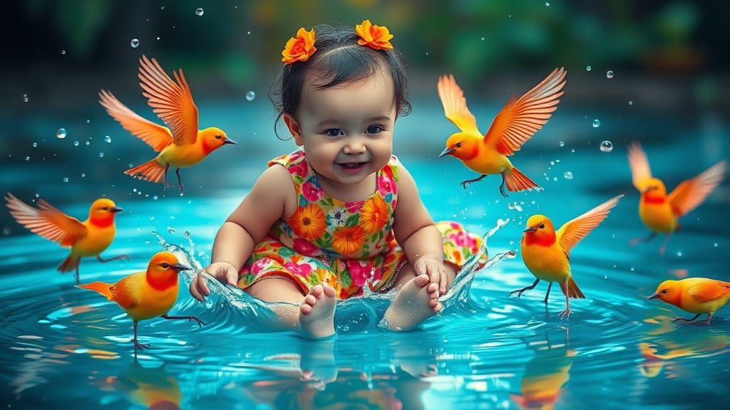 Playful Baby Girl with Bioluminescent Birds