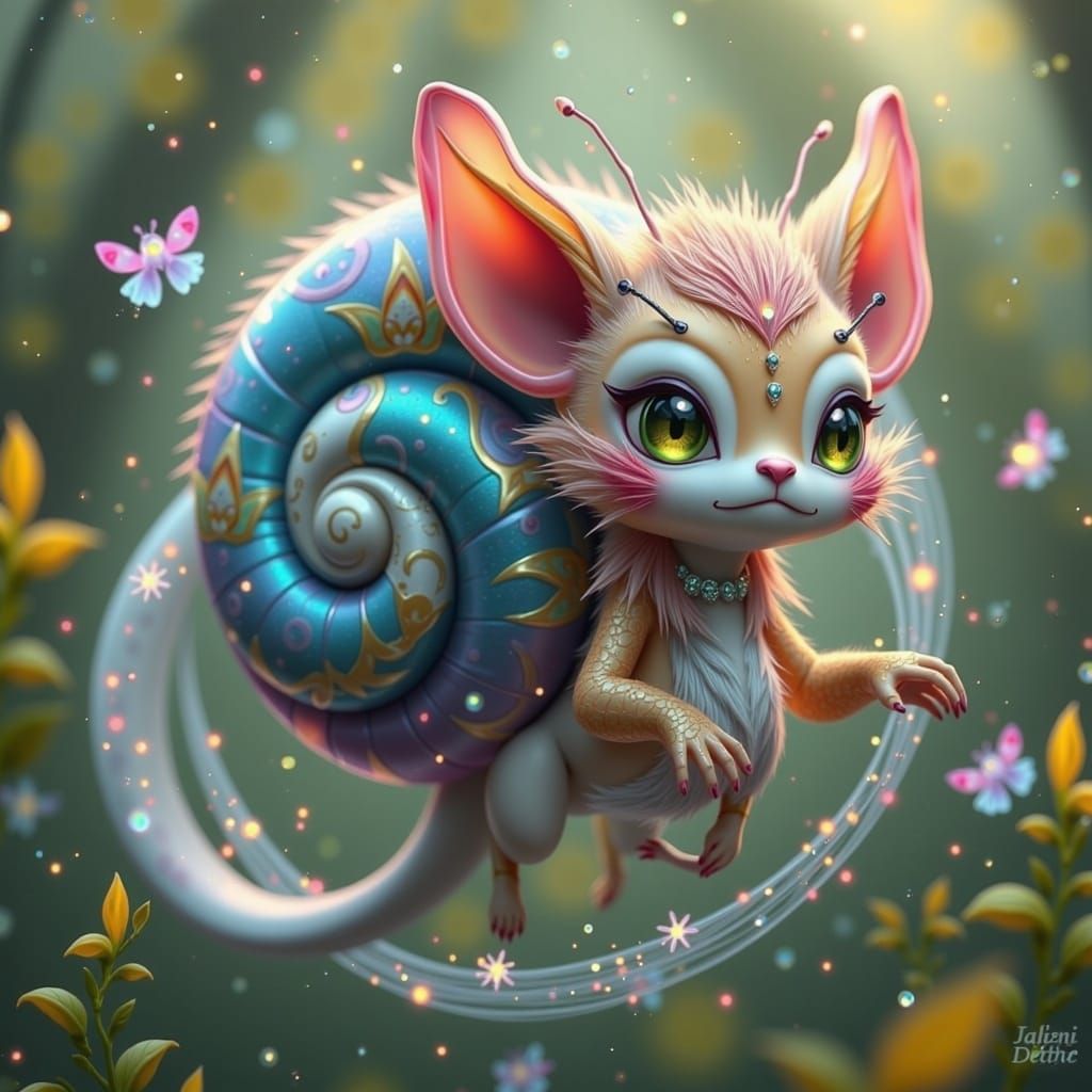Whimsical Snail-Cheetah Fae in Vibrant Dreamlike Landscape