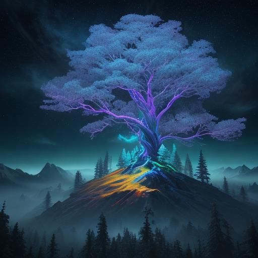 Ethereal Tree on Mountain Peak in 3D Game Art