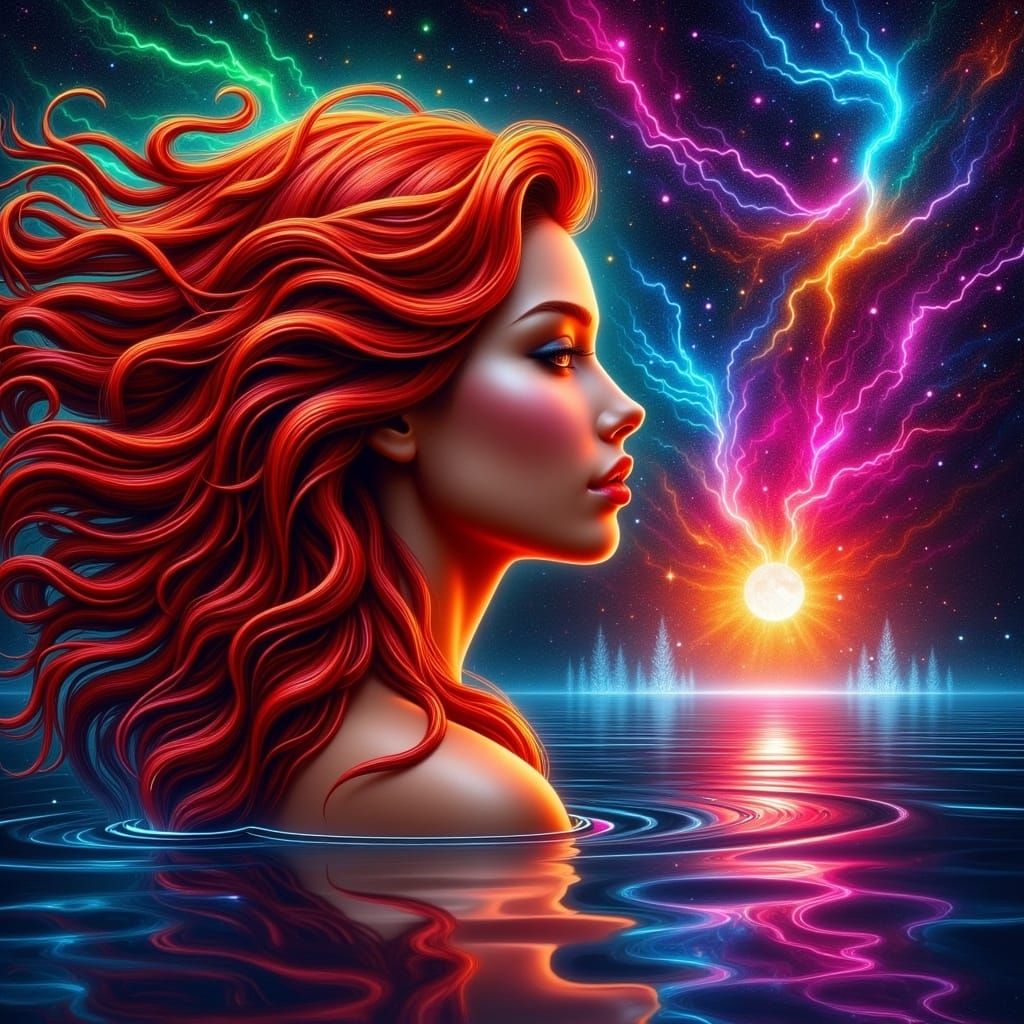 Dreamy Woman Gazing into Galactic Lake: Graffiti Art