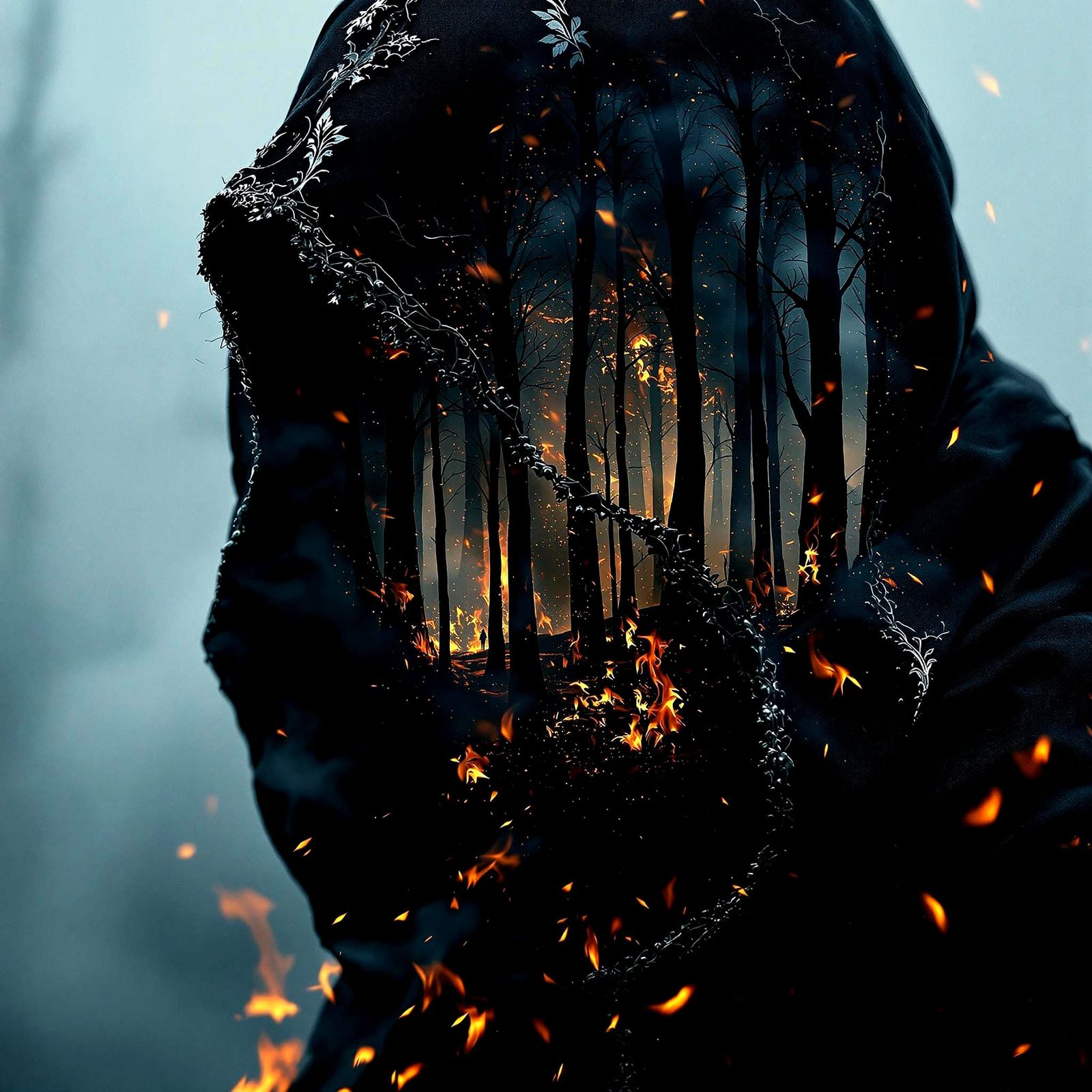 Dark Fantasy Witch Amidst Burning Dystopian Landscape