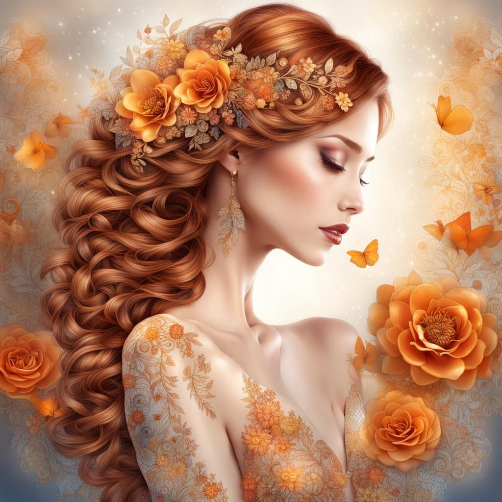 Elegant Woman in Gown with Zentangle Floral Motifs