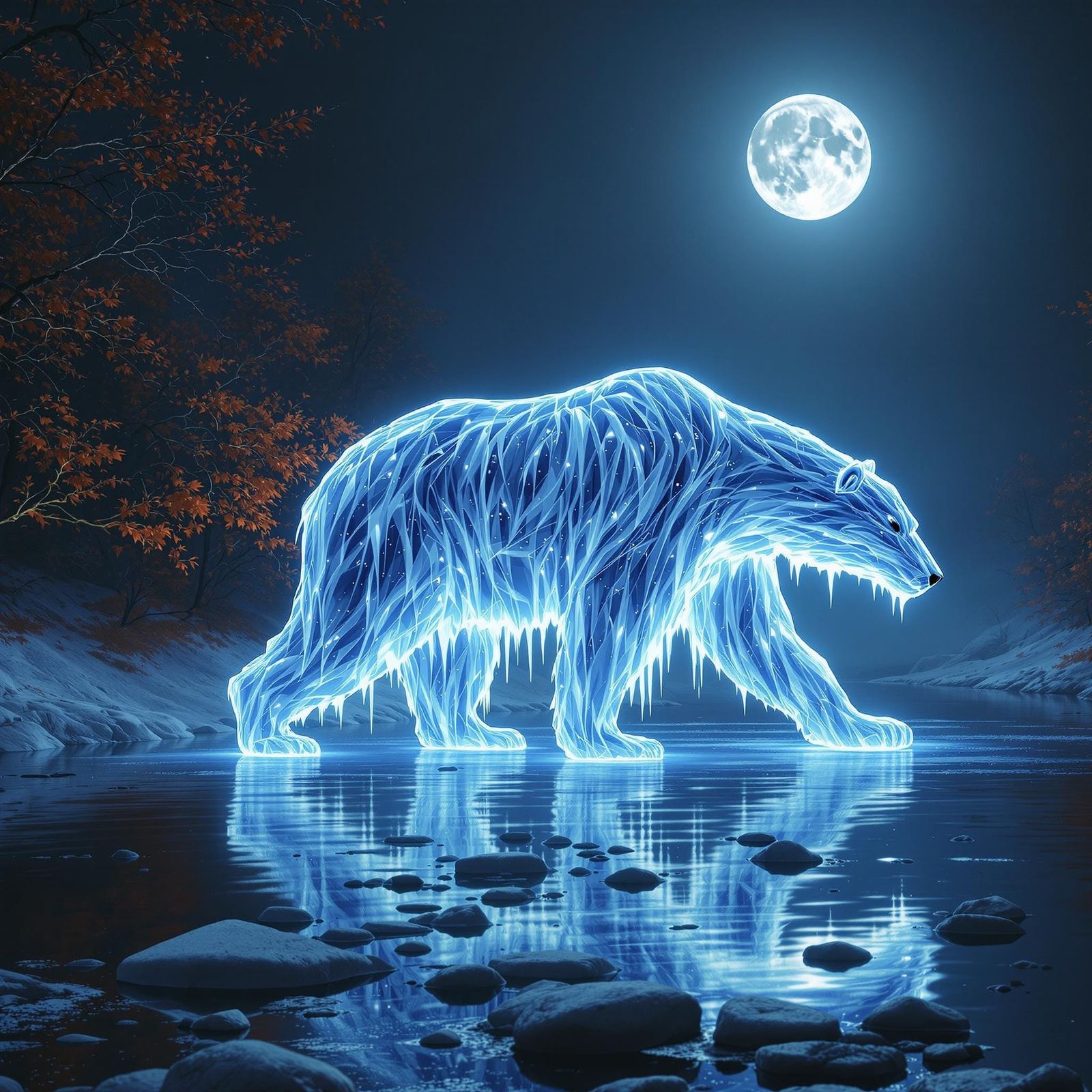 Surreal Polar Bear Emerge from Glowing Ice in Tranquil Fores...