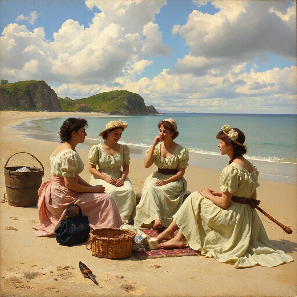Victorian Women Picnic on Beach Oil Painting