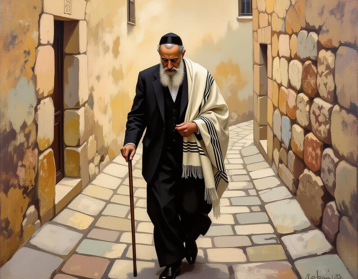 Contemplative Man in Prayer Shawl on Ancient Street