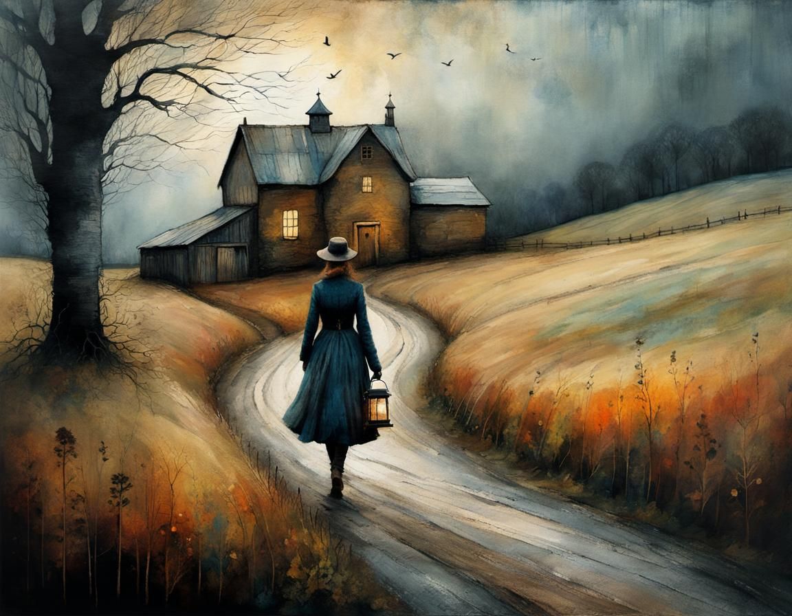 Woman Walking to Barn in Swedish Folk Art Style