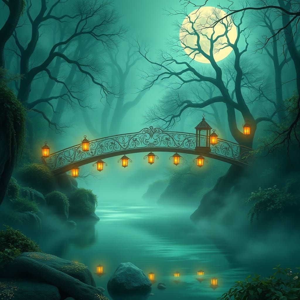 Whimsical Emerald Forest Bridge at Dusk