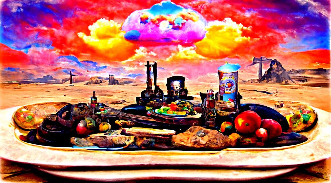 Surreal Feast in Wasteland: Steampunk Oil Painting