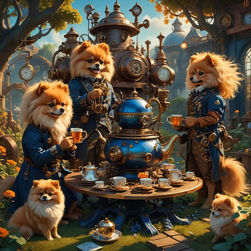 Steampunk Pomeranians' Tea Party in Fantasy Garden