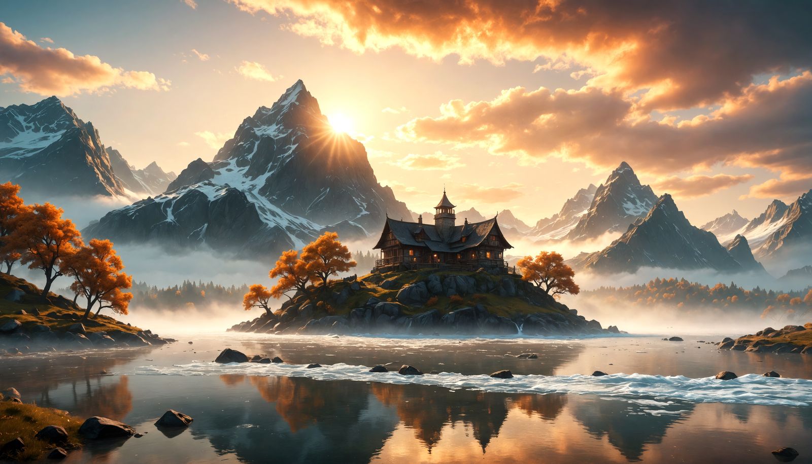 Ethereal Foggy Landscape with Translucent Cabin