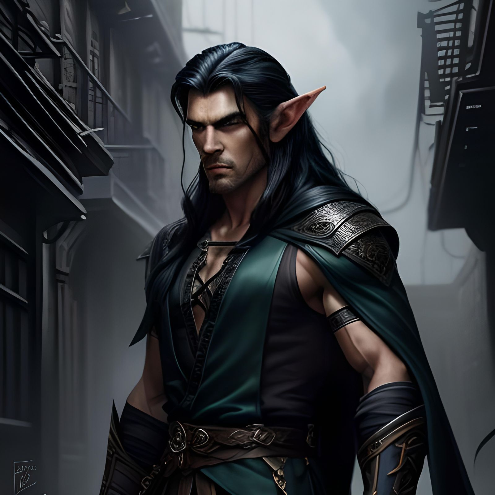 Muscular Elf Assassin in Dark Alley