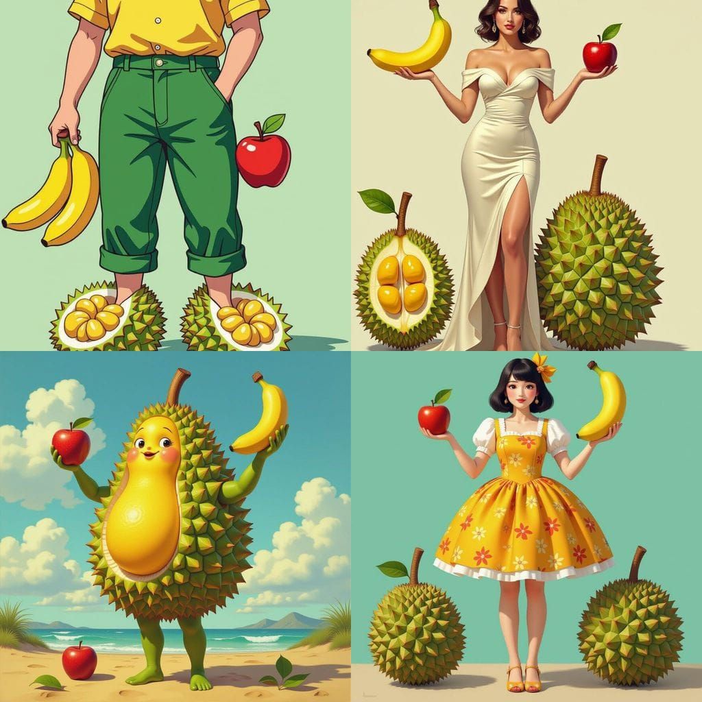 Whimsical Fruit Figure: Banana, Apple, Pear, Durian