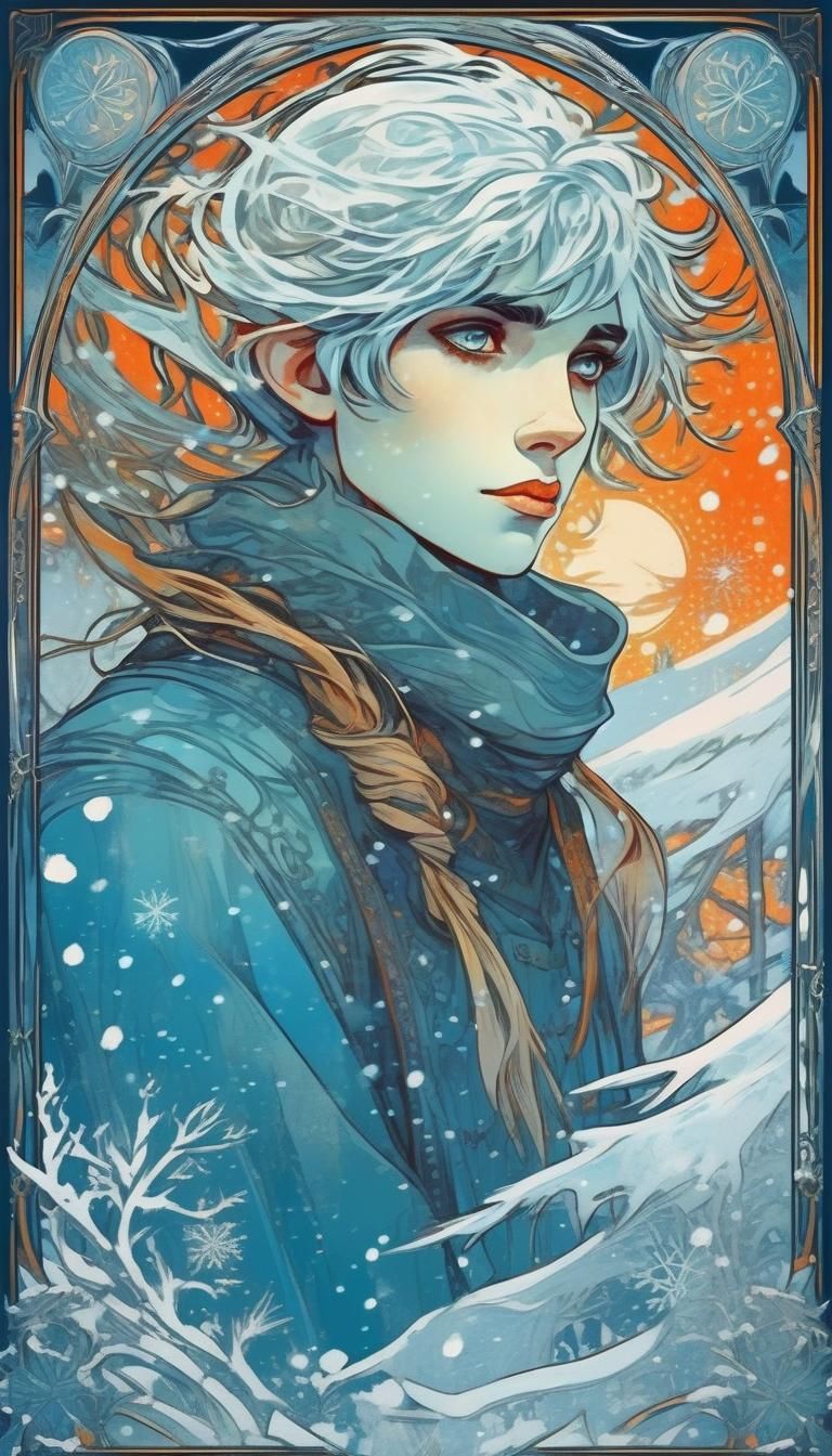 Jack Frost and Elsa in Winter Blizzard, Art Nouveau