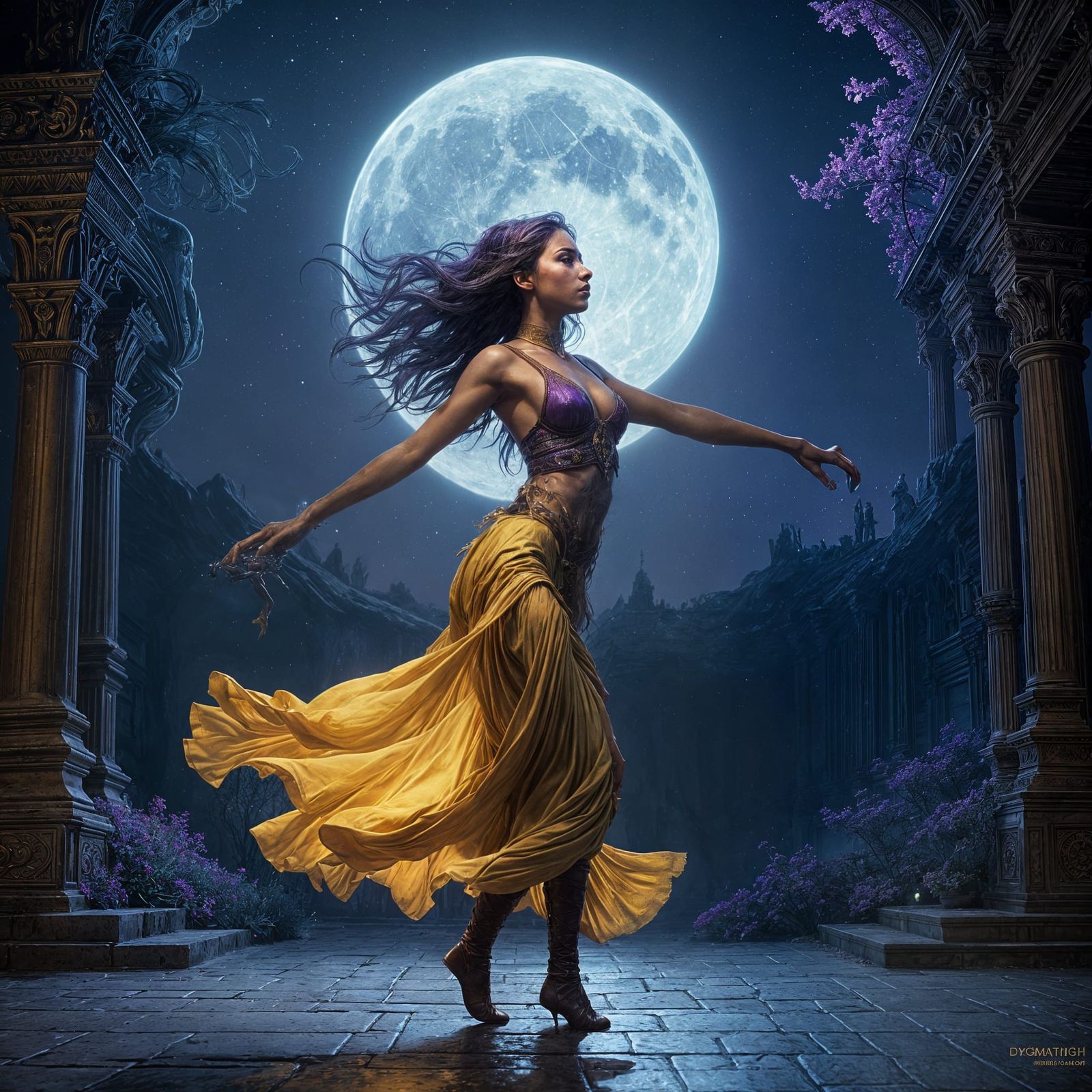Girl Dancing Under Vibrant Blue Moonlight in Dark Fantasy Ar...