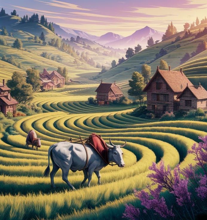 Watercolor Portrait of Chinese Villager Ploughing Fields wit...