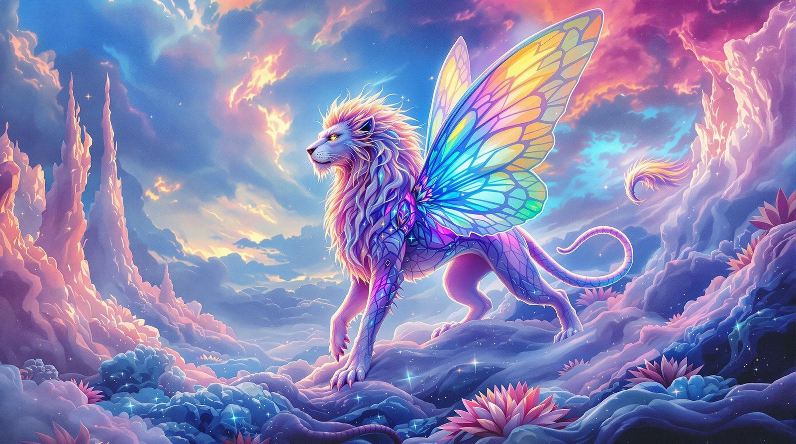Surreal Lion-Creature in Dreamlike Alien Landscape