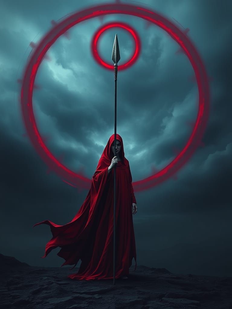 Mysterious Figure in Red Robe Against Dark Cosmic Background