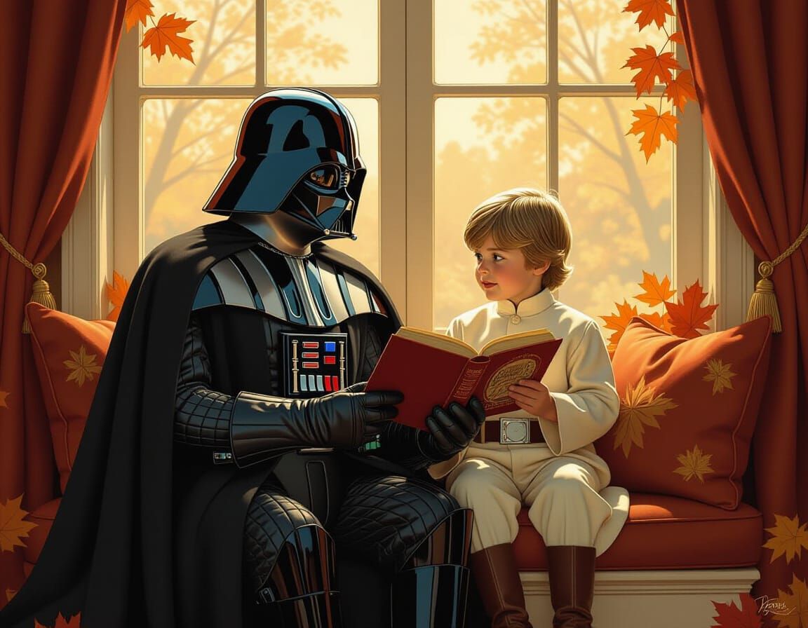 Darth Vader and Luke Skywalker Reading in Autumn Light