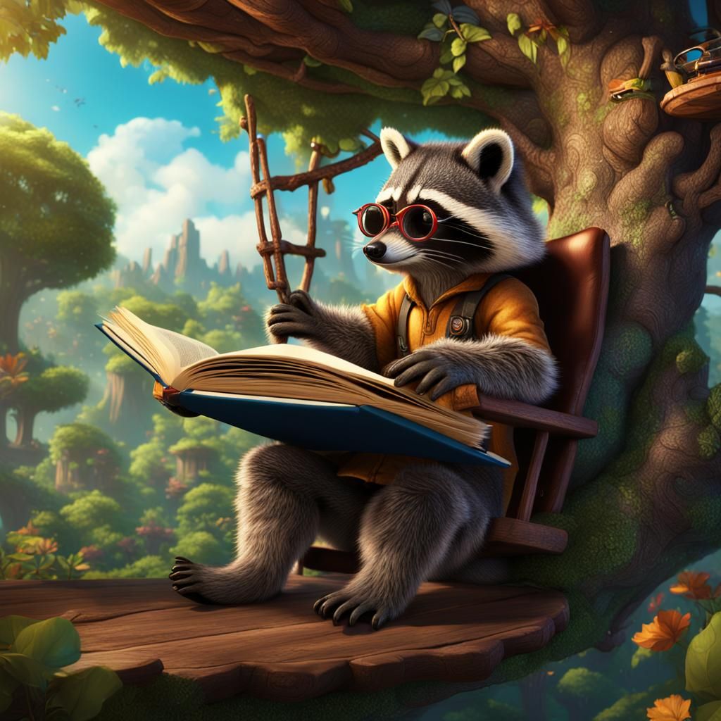 Racoon Reads in Treehouse: Detailed Matte Painting