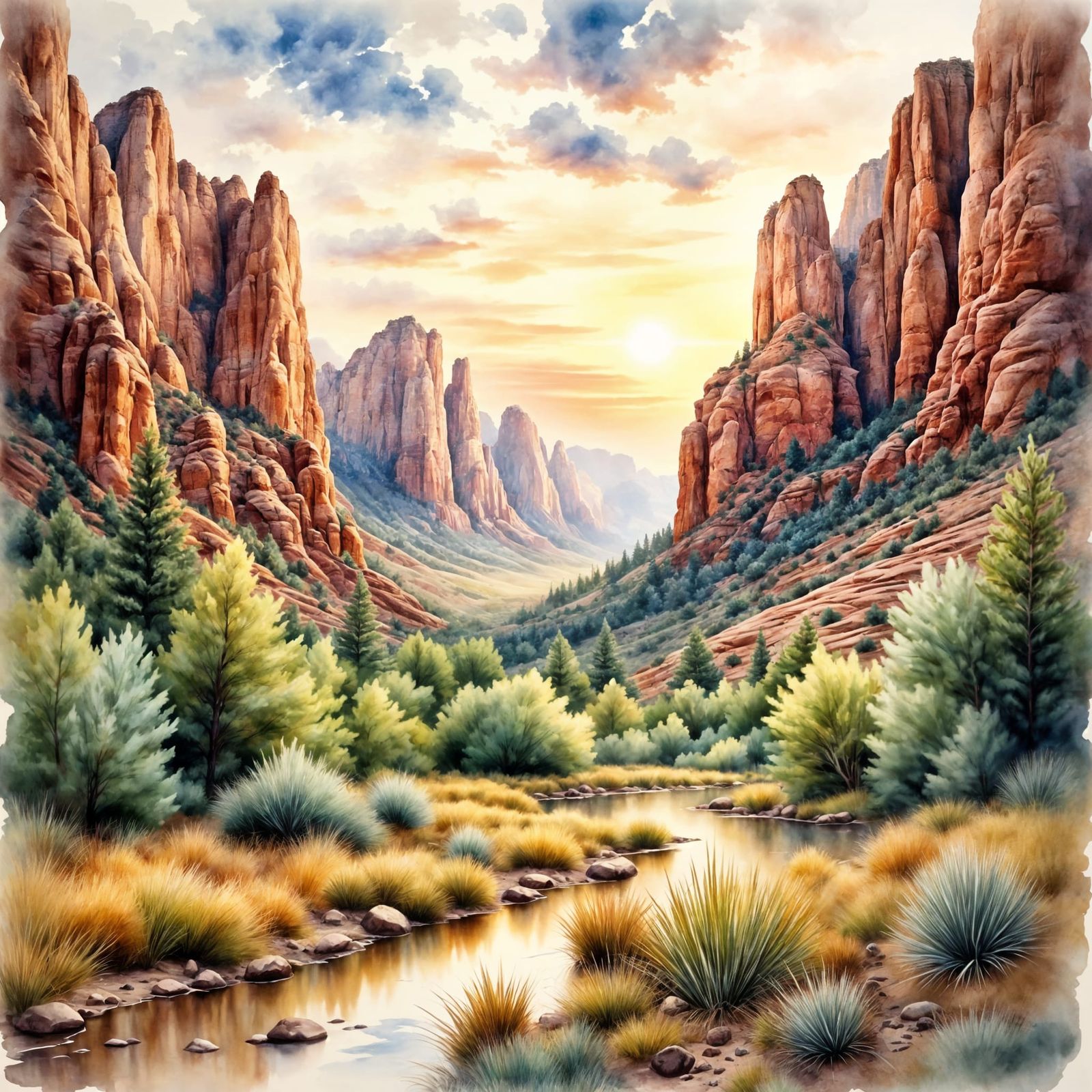 Breathtaking Zion National Park Landscape in Watercolor Styl...