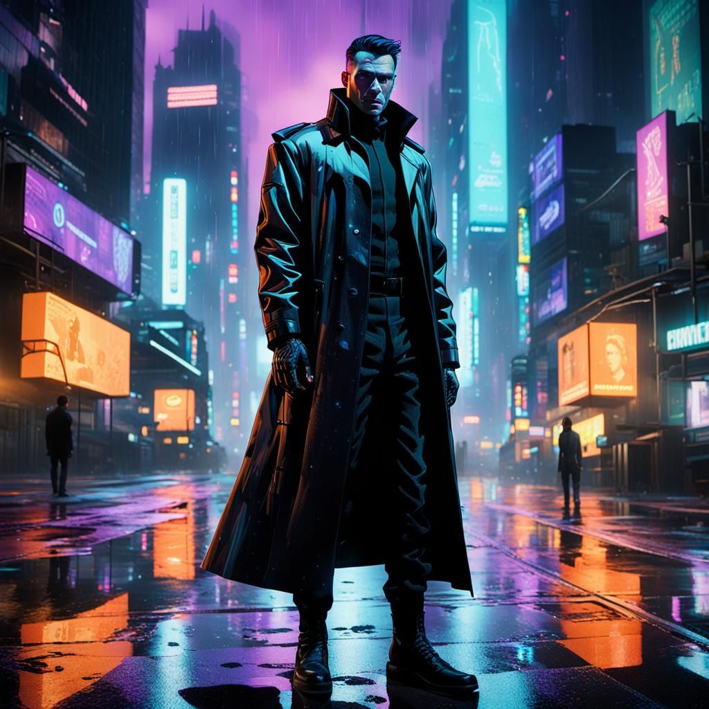Cyberpunk Soldier in Rainy Neon Cityscape