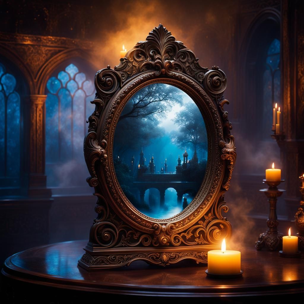 A mysterious, ancient mirror that shows ghostly figures or strange reflections.