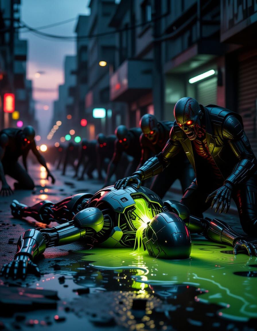 Cyborg Overwhelmed by Zombies on Gritty Sci-Fi Street