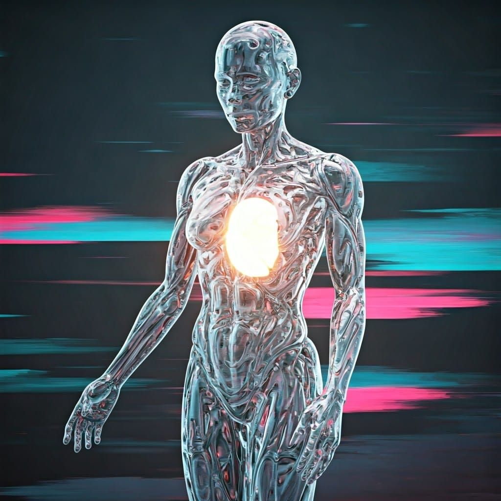 Luminous Glass Humanoid Sculpture in Vaporwave Style