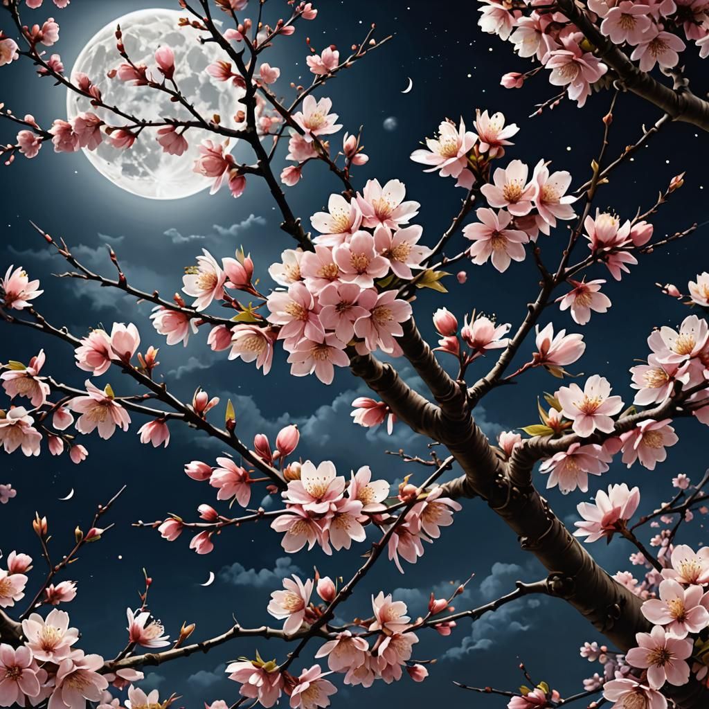 Enchanting Cherry Blossom Tree on Full Moon Night