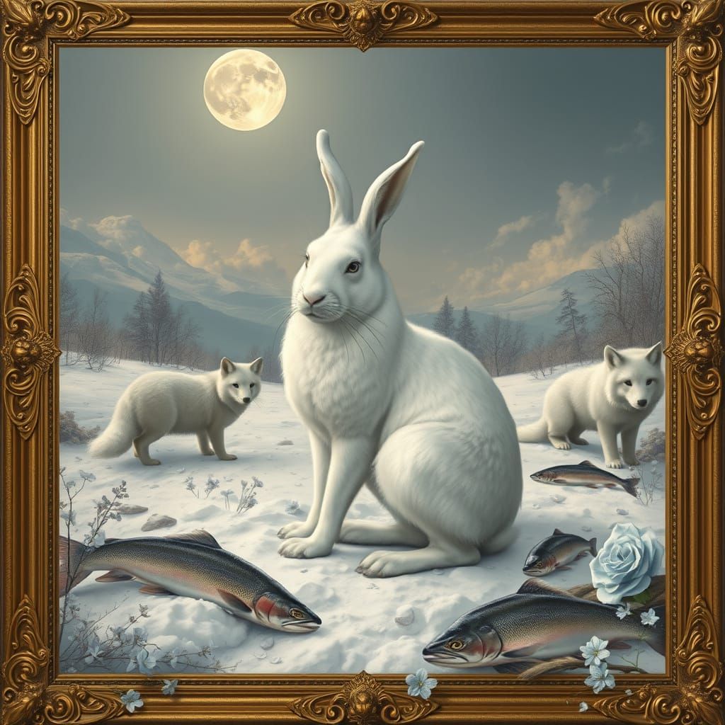 Arctic Hare in Baroque Style Frame, Moonlit Snow
