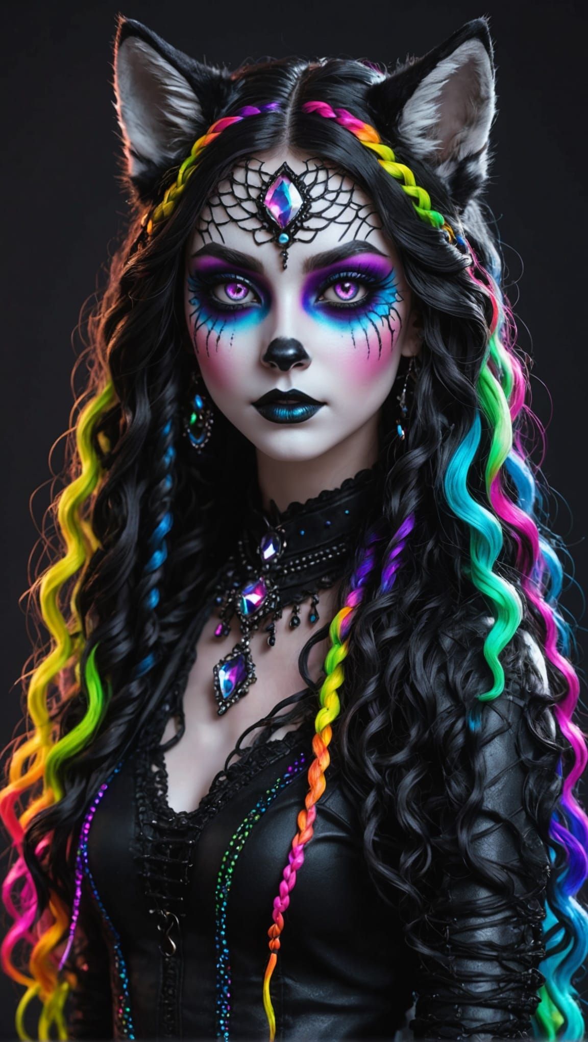 Realistic Neon Wolf-Girl with Crystal Skin