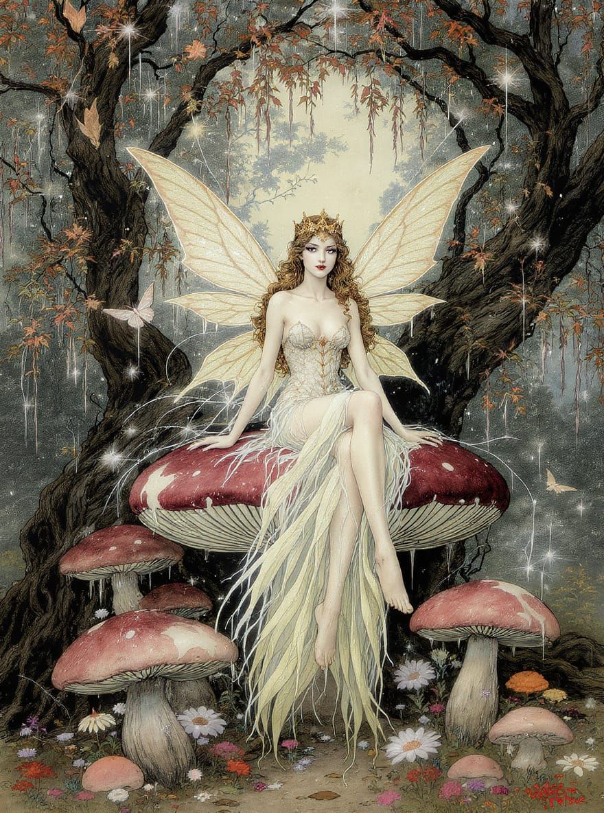 Fairy Queen in Mushroom Grove, Art Nouveau Style