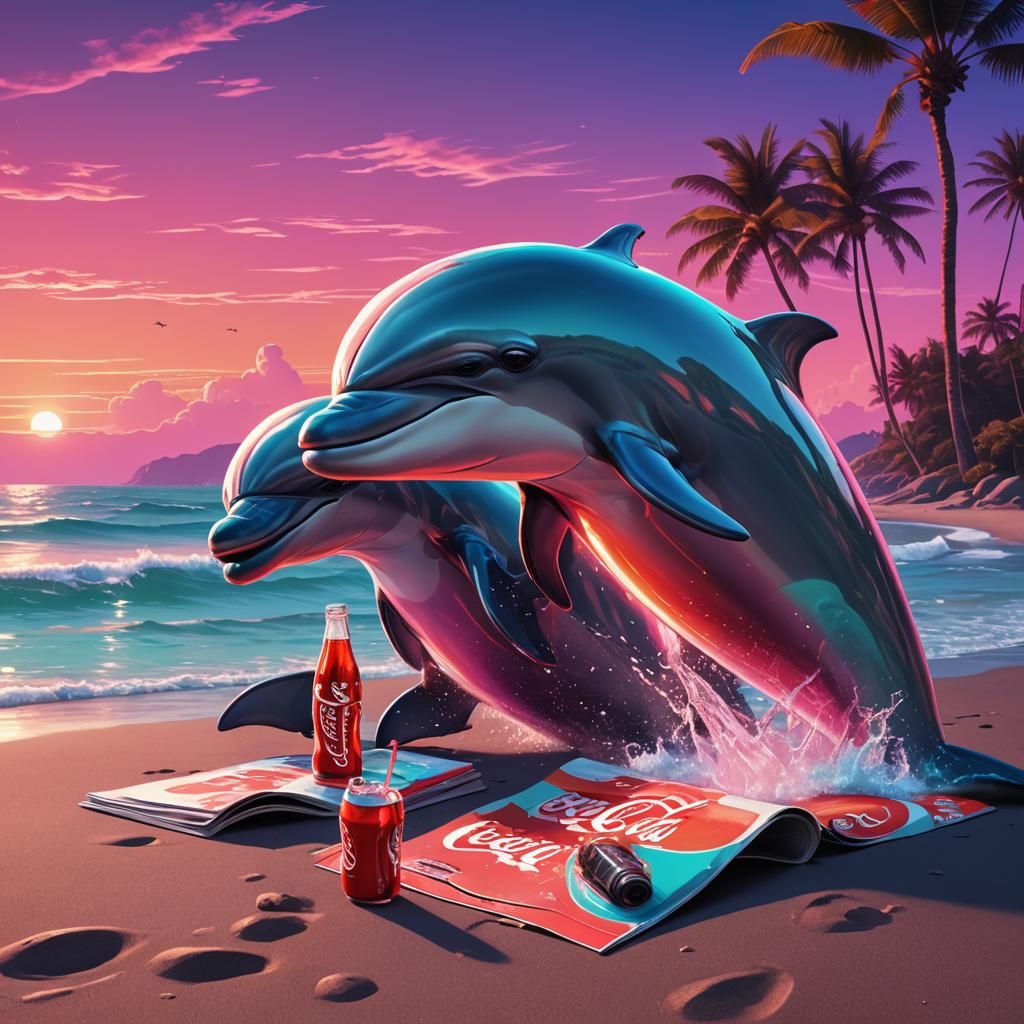 Dolphins Drink Coke: Synthwave Neon Seashore Scene