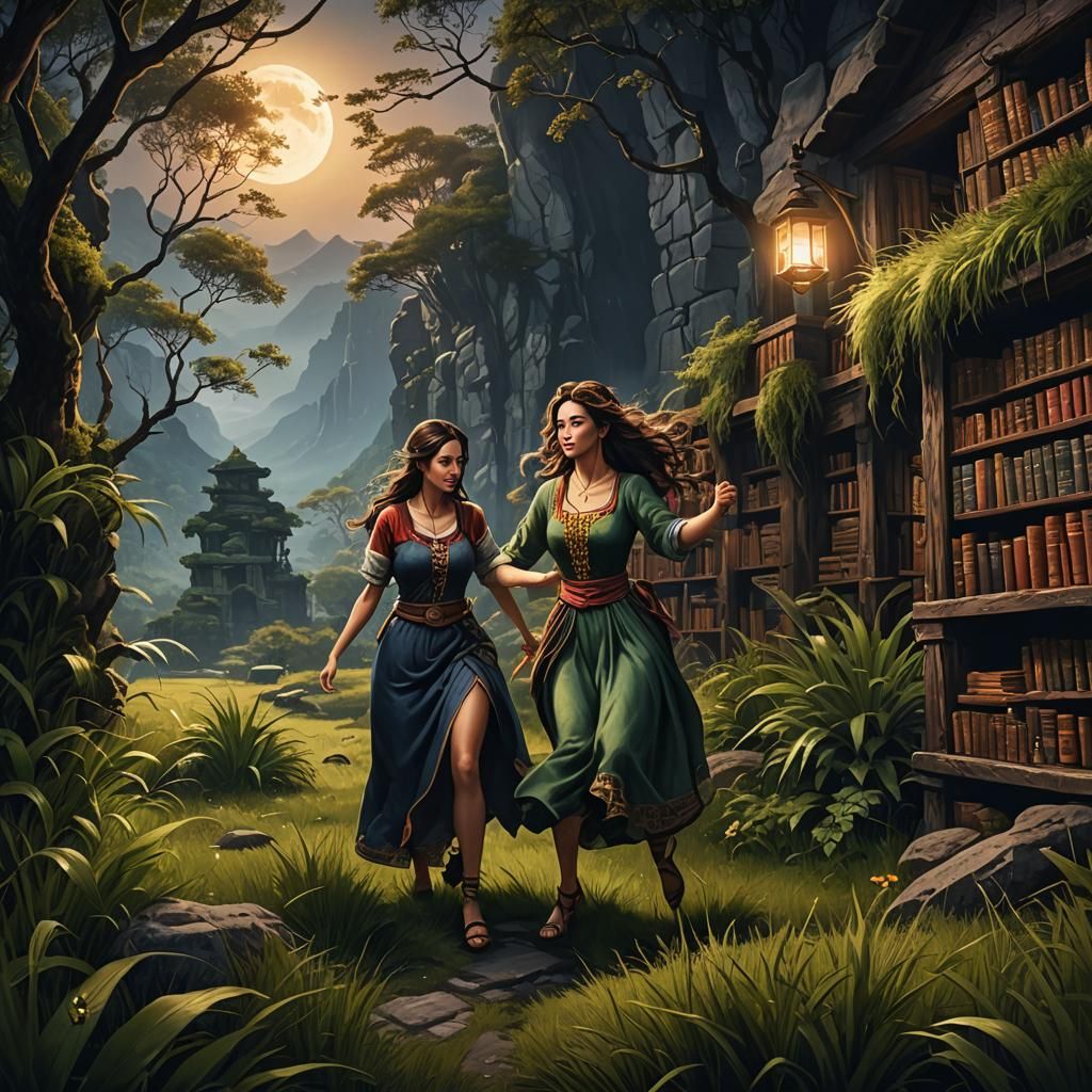 Dancing Female Mountains in Moonlit Library
