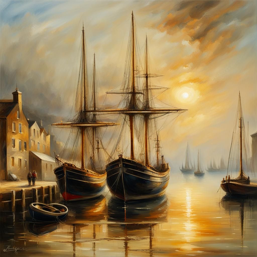 Sailing Ships Moored: Atmospheric Oil Painting