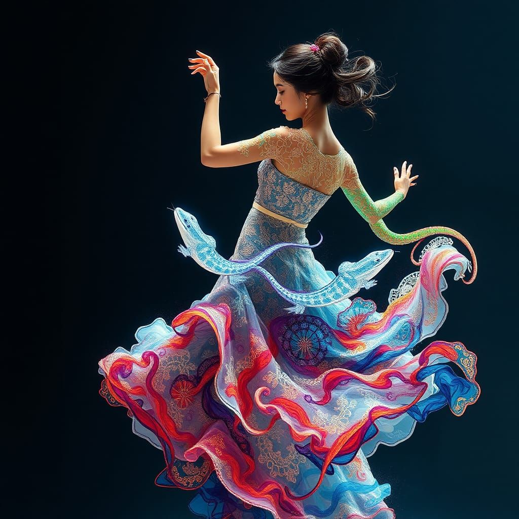 Woman Dancing in Embroidered Dress, Gouache Painting